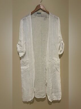 Angela Mara 100% Linen Made in Italy  White Open-Front Women's Duster Size L